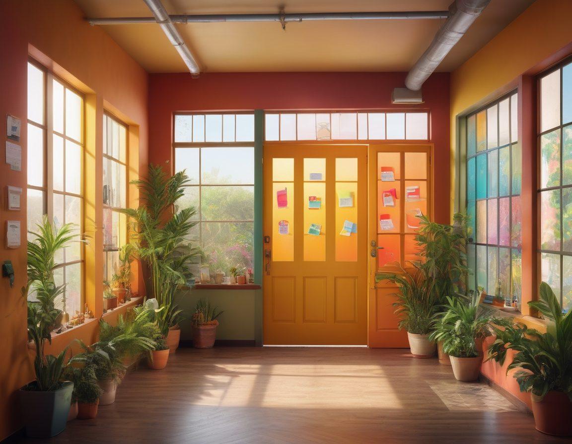 An open door leading to a vibrant workplace filled with diverse individuals happily collaborating, colorful charts and motivational posters on the walls, plants adding life to the space, sunlight streaming in through large windows, capturing the essence of joy and fulfillment in a career. super-realistic. vibrant colors. warm lighting.