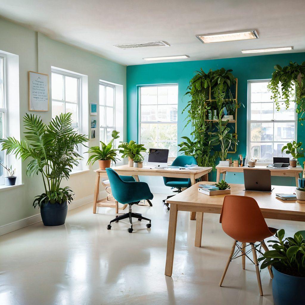 A serene office space filled with natural light, showcasing an individual joyfully working at a desk adorned with plants and inspirational quotes. In the background, a collaborative team engages in a vibrant discussion, reflecting teamwork and satisfaction. Soft hues of green and blue symbolize wellbeing and happiness, creating an inviting atmosphere. super-realistic. vibrant colors. white background.