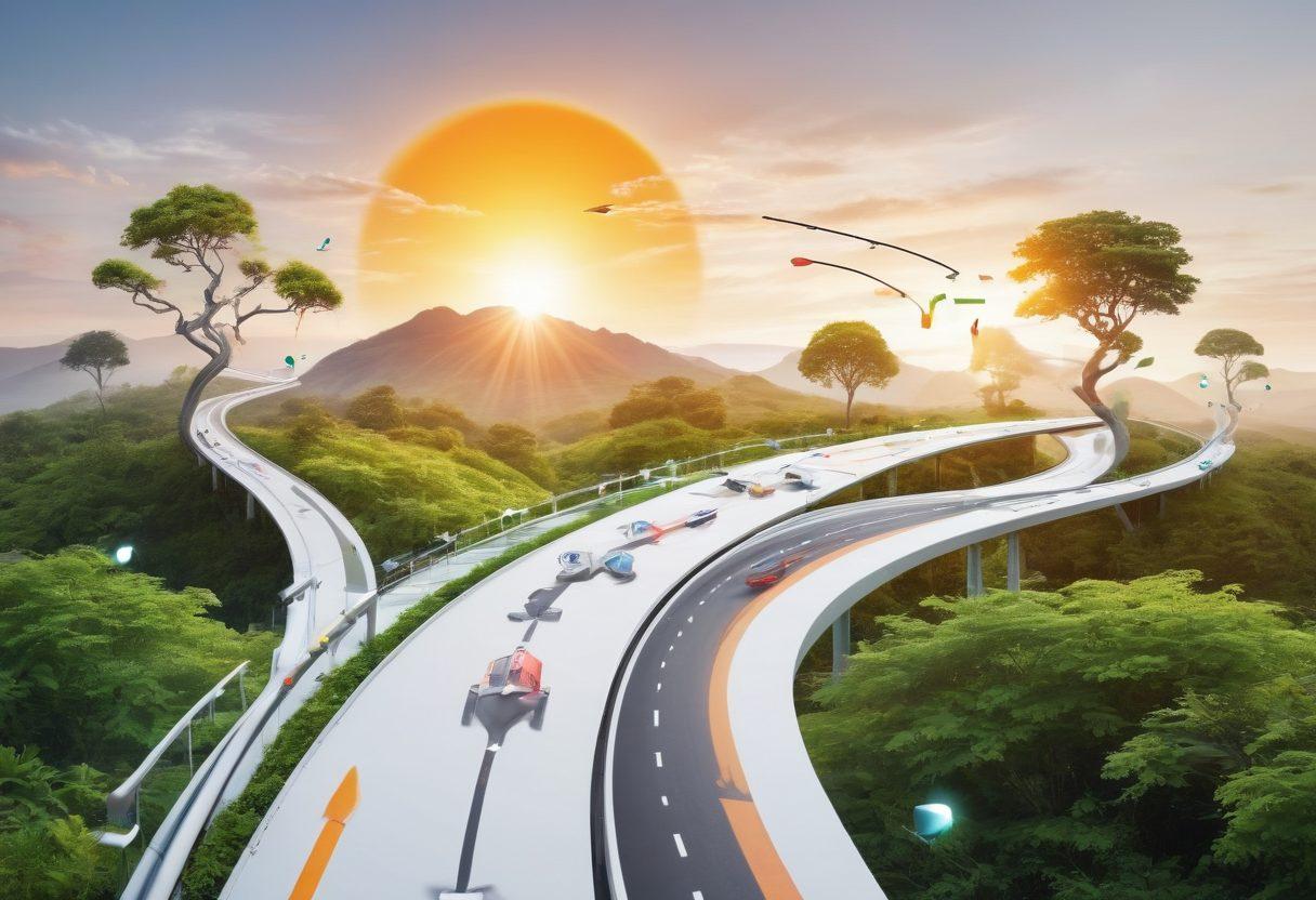 A captivating roadmap illustrating various career paths branching out from a central point, with vibrant icons representing different professions like a scientist, artist, and entrepreneur. Include visual elements like arrows and signposts guiding towards 'Professional Advancement' and 'Personal Growth,' surrounded by lush greenery to symbolize growth and opportunities. The background should depict a sunrise to signify new beginnings. super-realistic. vibrant colors. white background.